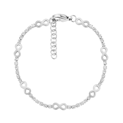 Silver tone infinity station tennis bracelet with matte infinity symbols and clear cubic zirconia stones on a white background
