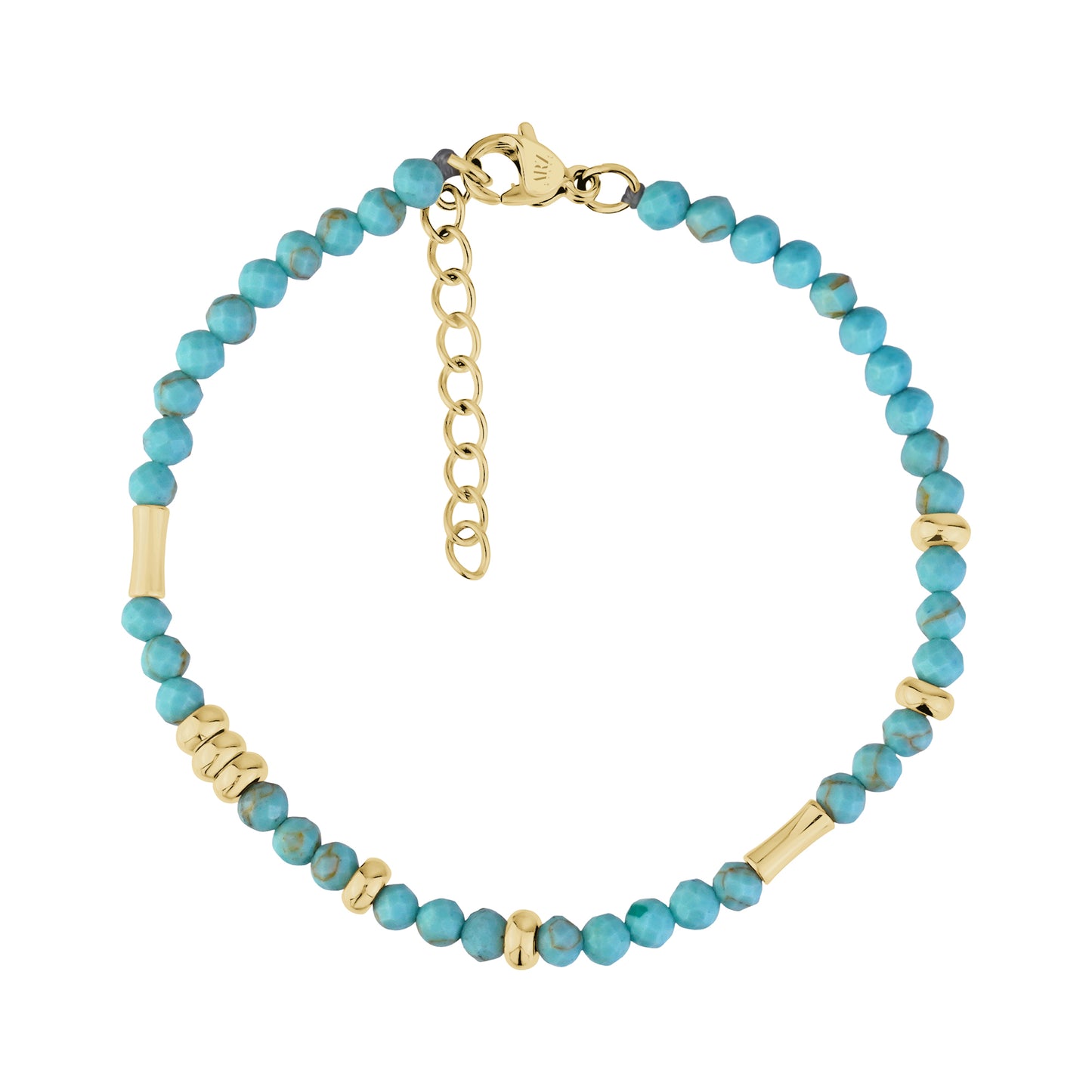 Gold and turquoise beaded bracelet with faceted glass beads and adjustable chain clasp on white background