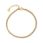 Gold-tone stainless steel woven cord bracelet with white thread and lobster clasp, with shiny beads and adjustable chain