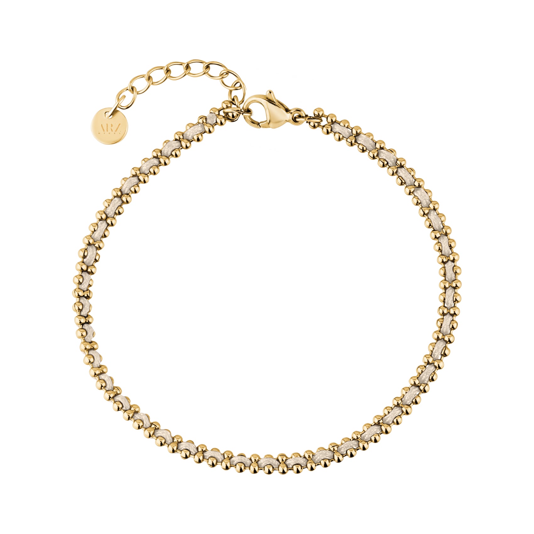 Gold-tone stainless steel woven cord bracelet with white thread and lobster clasp, with shiny beads and adjustable chain