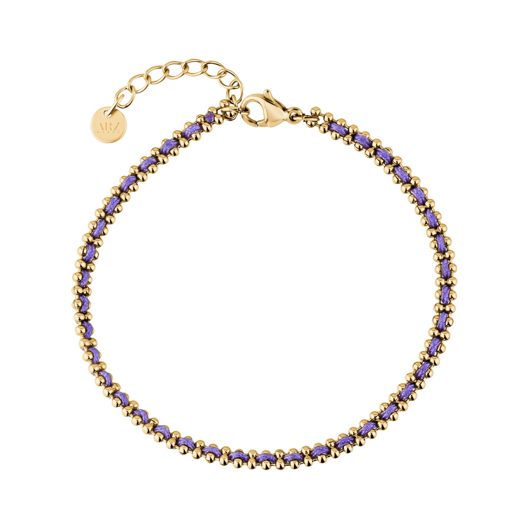 Gold-tone stainless steel woven cord bracelet with purple thread and lobster clasp, featuring adjustable extension chain