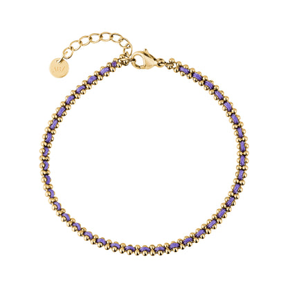 Gold-tone stainless steel woven cord bracelet with purple thread and lobster clasp, featuring adjustable extension chain