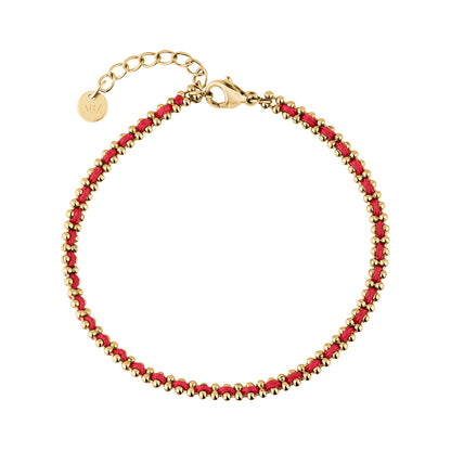 Gold-tone stainless steel woven cord bracelet with red thread and lobster clasp, showing adjustable chain and polished beads