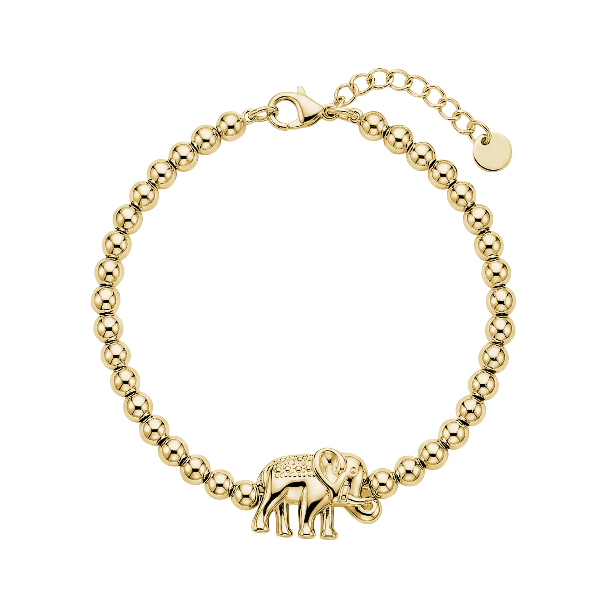 Gold bead bracelet for women with a 16mm wide lucky elephant charm and adjustable chain clasp