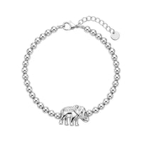 Silver bead bracelet for women with a 16mm wide lucky elephant charm and adjustable chain clasp
