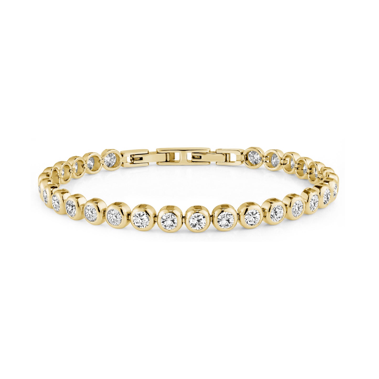Gold bezel tennis bracelet with round cubic zirconia stones and secure clasp
