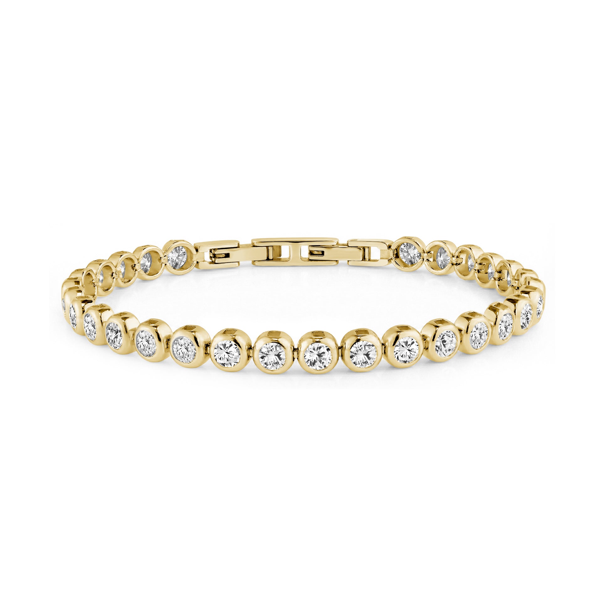 Gold bezel tennis bracelet with round cubic zirconia stones and secure clasp