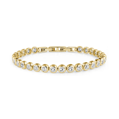 Gold bezel tennis bracelet with round cubic zirconia stones and secure clasp
