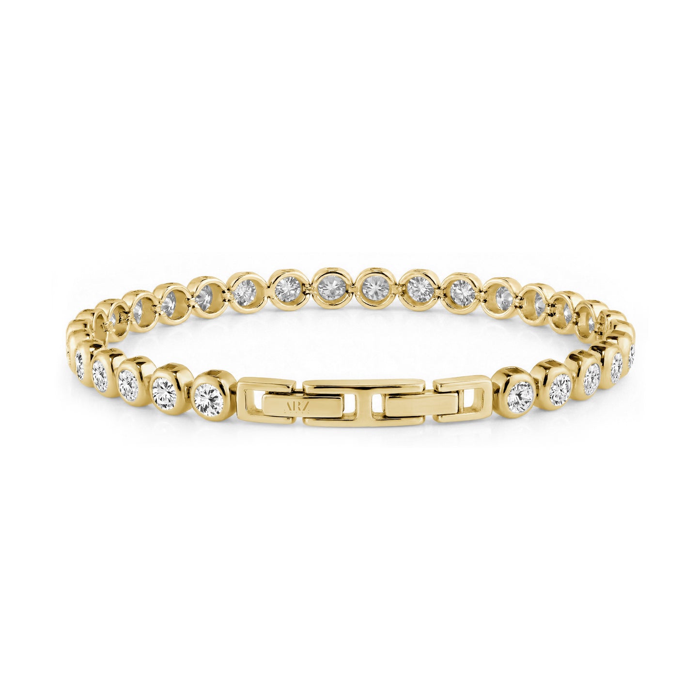 Back view of gold bezel tennis bracelet showing clasp and stone settings