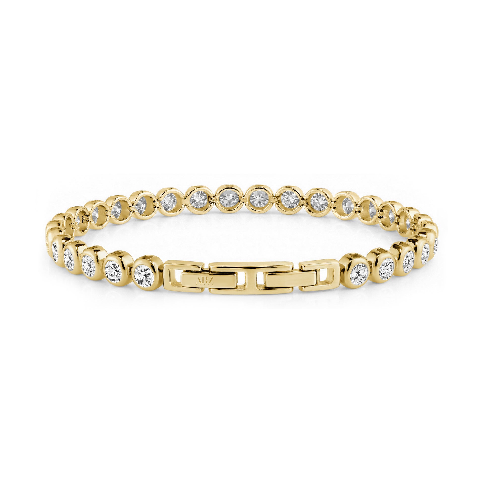 Back view of gold bezel tennis bracelet showing clasp and stone settings
