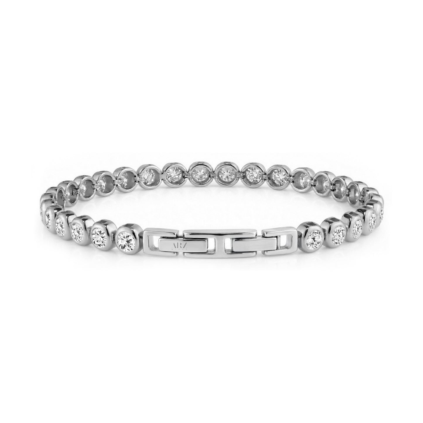 Back view of silver bezel tennis bracelet showing clasp and stone settings