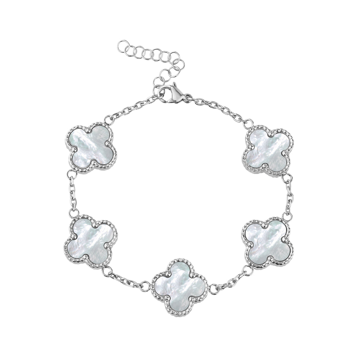 Silver stainless steel clover bracelet with five white mother of pearl four leaf clover stations, beaded edge frames, and an adjustable extension chain with lobster clasp