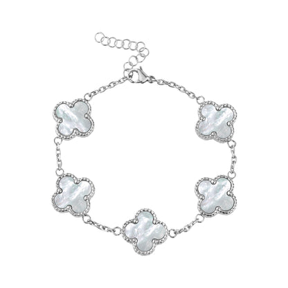 Silver stainless steel clover bracelet with five white mother of pearl four leaf clover stations, beaded edge frames, and an adjustable extension chain with lobster clasp