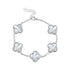 Silver stainless steel clover bracelet with five white mother of pearl four leaf clover stations, beaded edge frames, and an adjustable extension chain with lobster clasp