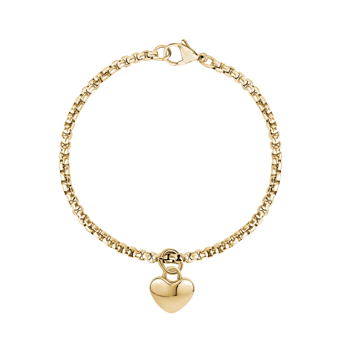 Gold stainless steel heart charm bracelet featuring 3mm round box chain links and a 12mm polished heart charm