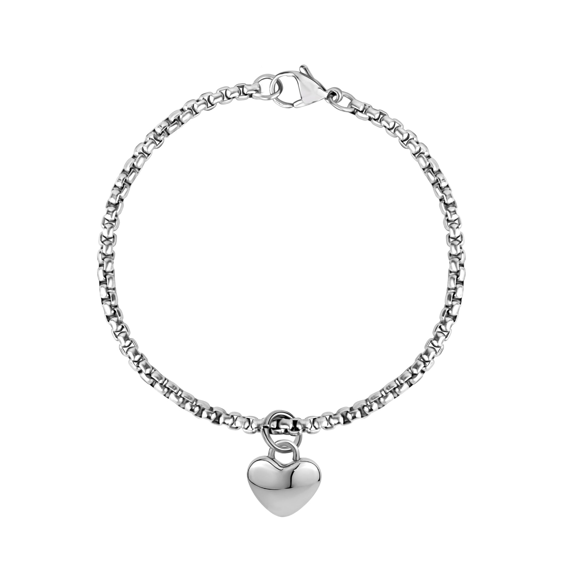 Silver stainless steel heart charm bracelet with 3mm round box chain links and 12mm polished heart charm