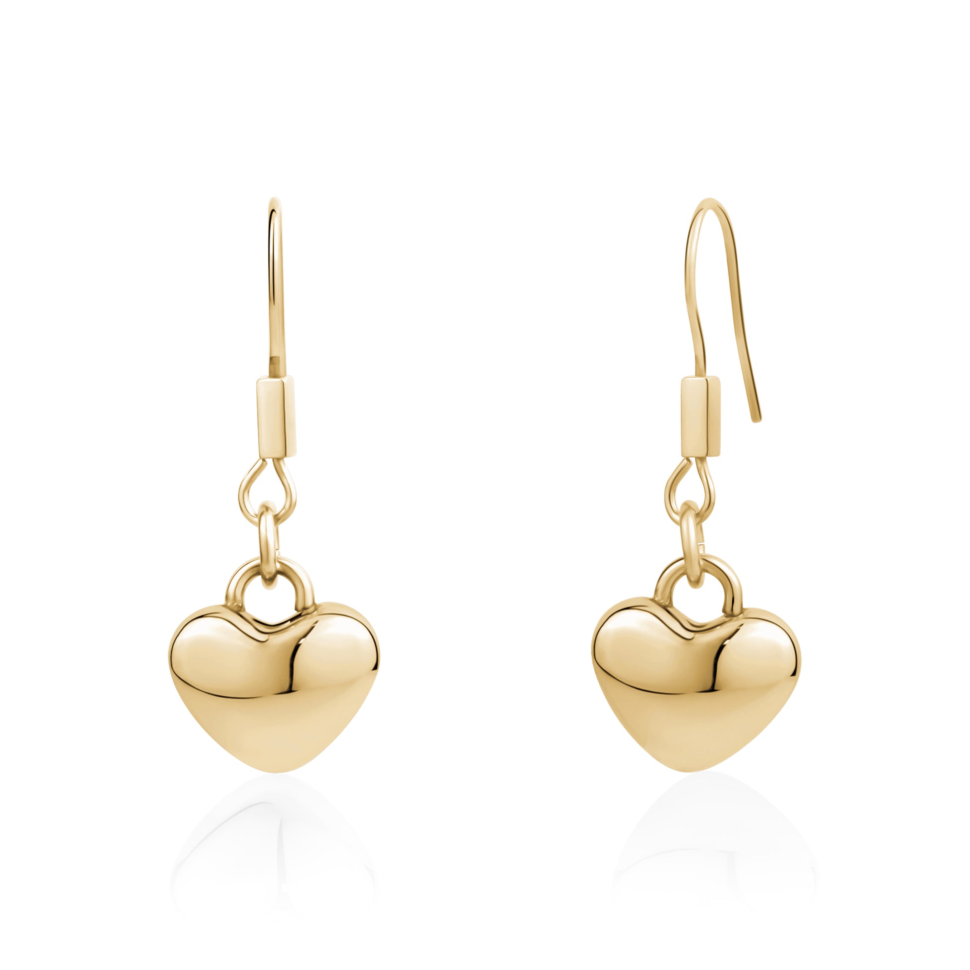 Gold dangling heart earrings made from polished stainless steel with smooth, reflective heart pendants