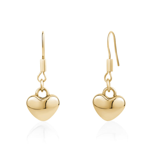 Gold dangling heart earrings made from polished stainless steel with smooth, reflective heart pendants
