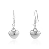 Silver dangling heart earrings made from polished stainless steel with smooth, reflective heart pendants