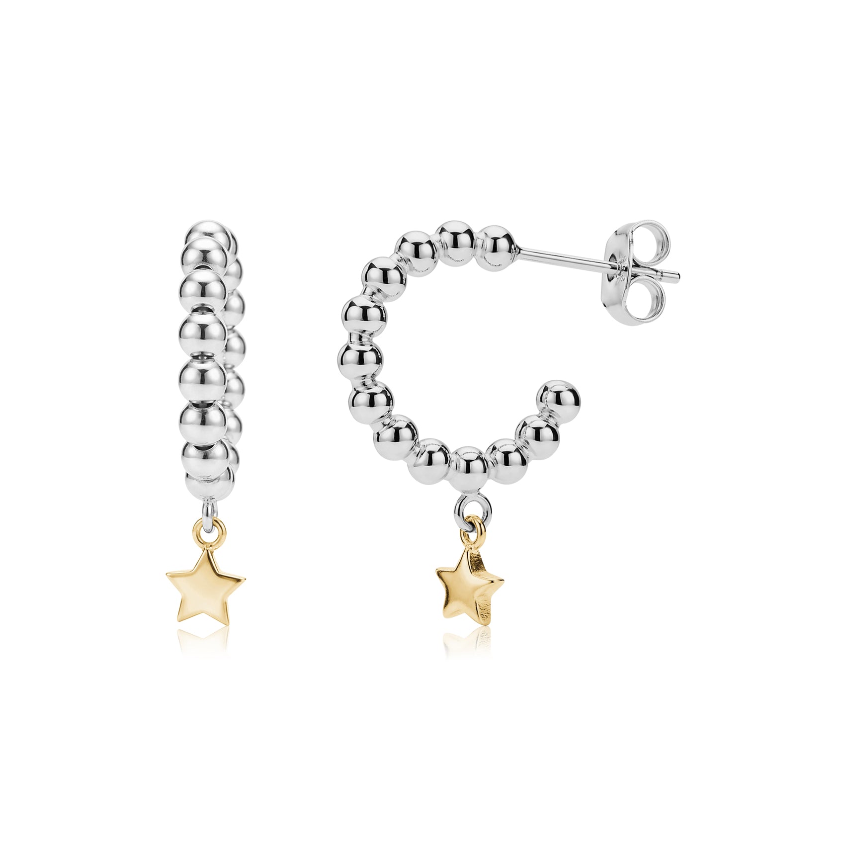 Silver beaded hoop earrings with dangling gold star charms, shown from front and side