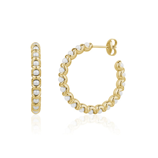 Gold pearl hoop earrings featuring shell pearls set in a wave design with 30mm diameter and 4mm width