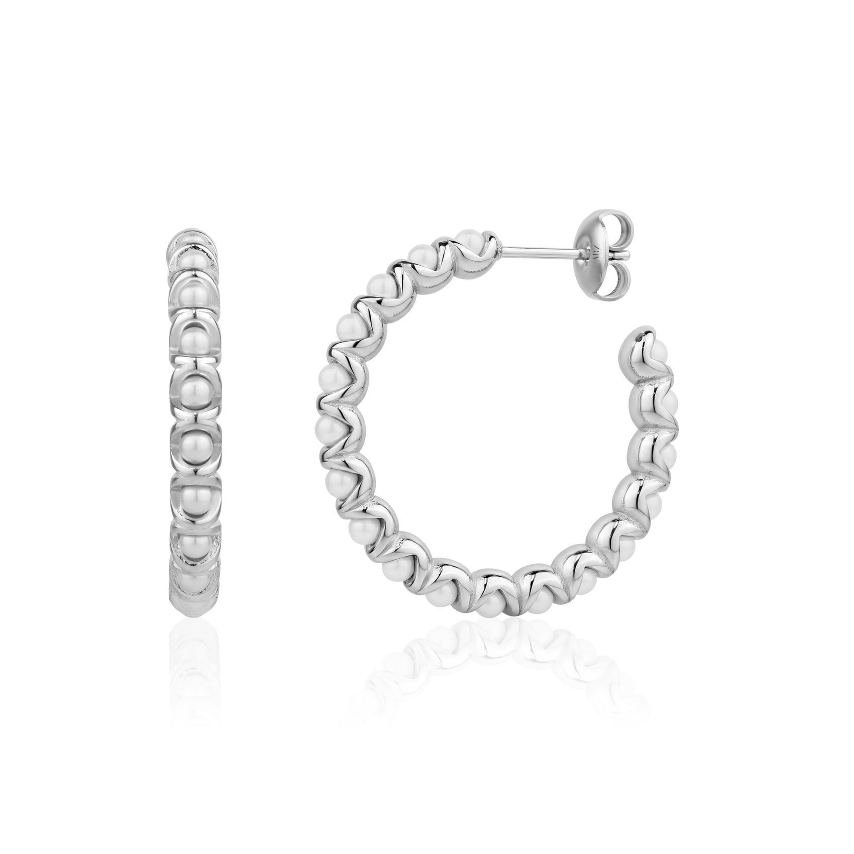 Silver pearl hoop earrings featuring shell pearls set in a wave design with 30mm diameter and 4mm width