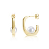 Gold Pearl Curve Stud Hoops earrings with 8mm shell pearl nestled in curved stainless steel hoop, front and side views