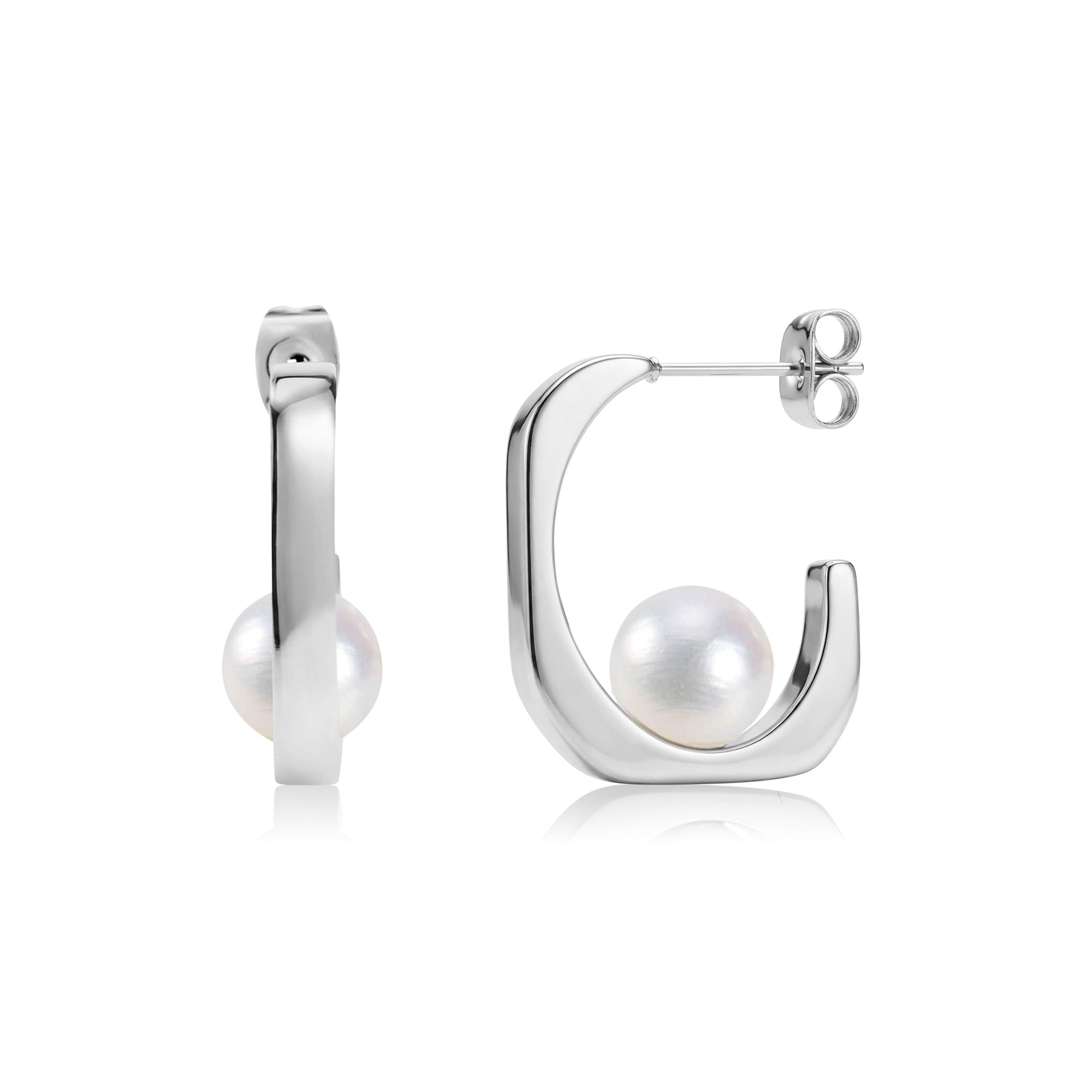 Silver Pearl Curve Stud Hoops earrings with 8mm shell pearl nestled in curved stainless steel hoop, front and side views