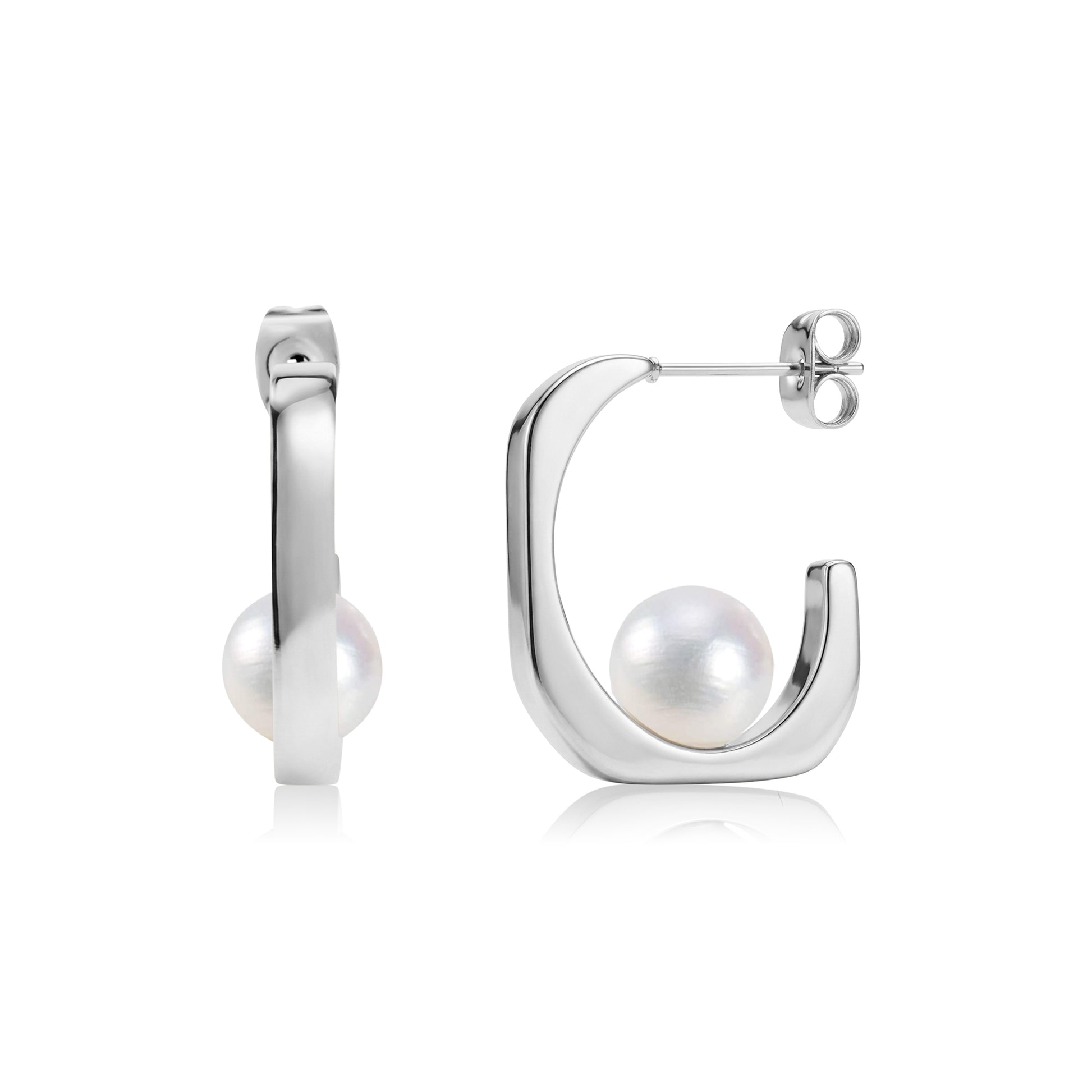 Silver Pearl Curve Stud Hoops earrings with 8mm shell pearl nestled in curved stainless steel hoop, front and side views