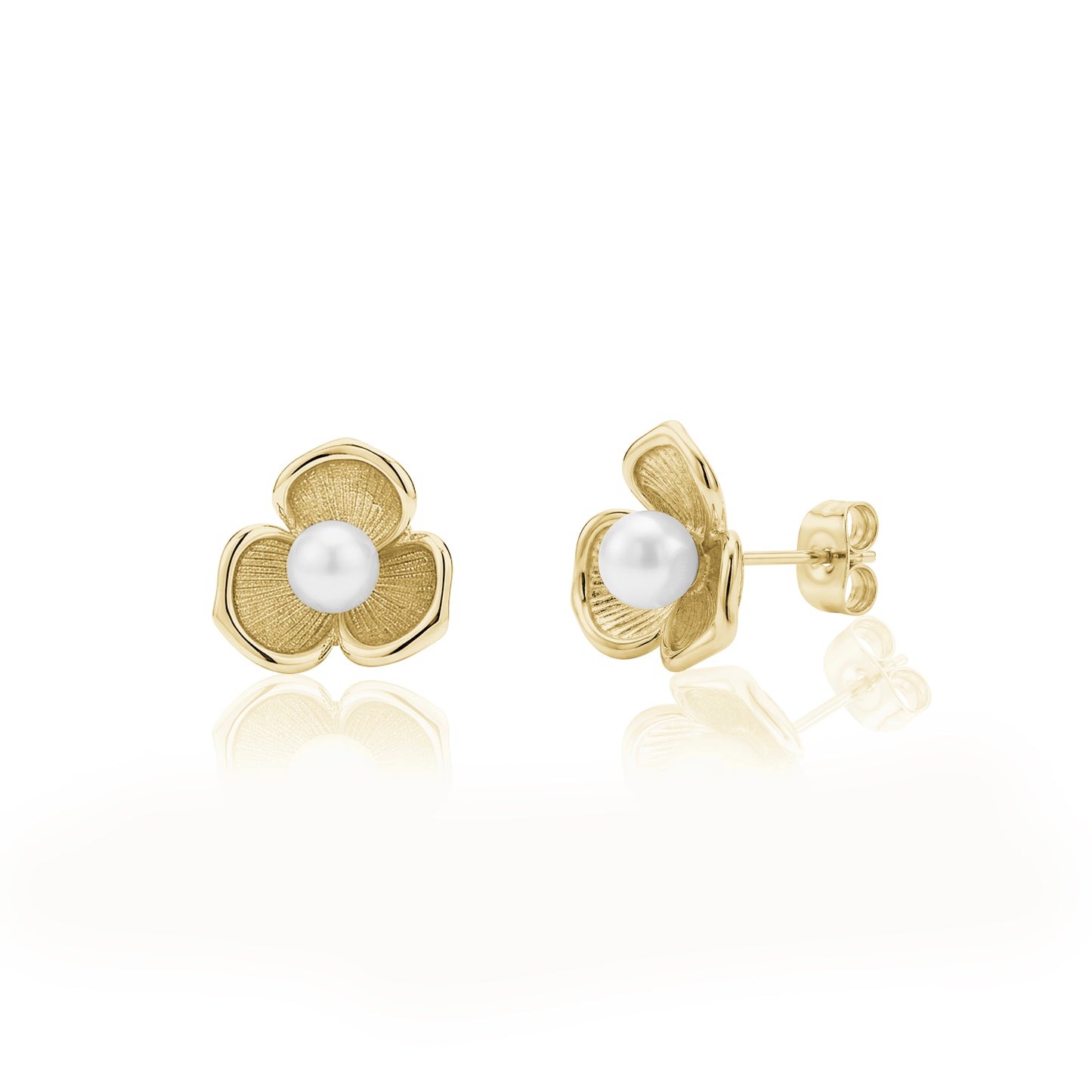 Gold flower-shaped stud earrings with 5mm white shell pearl center and textured petals shown from front and side