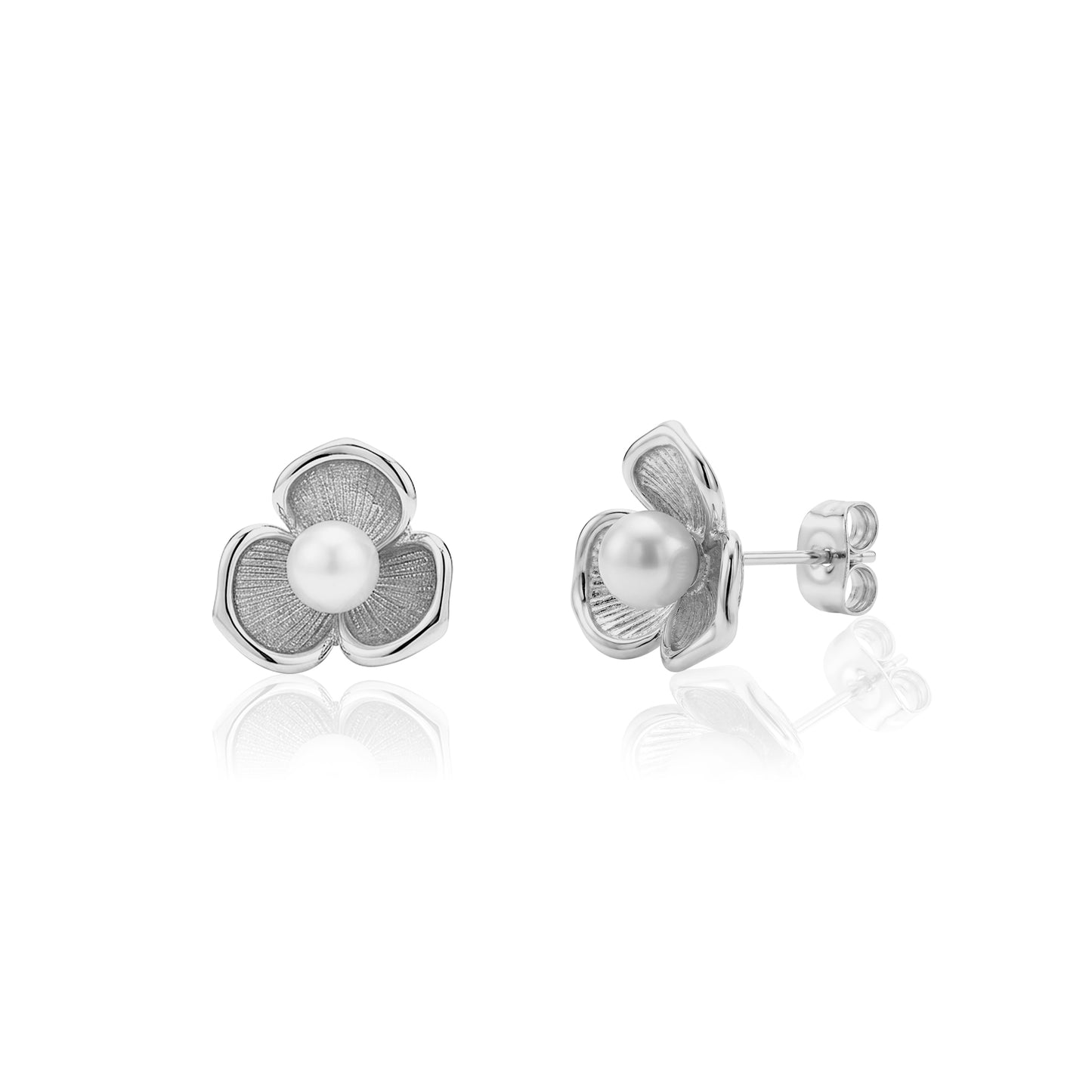 Silver flower-shaped stud earrings with 5mm white shell pearl center and textured petals displayed front and side view