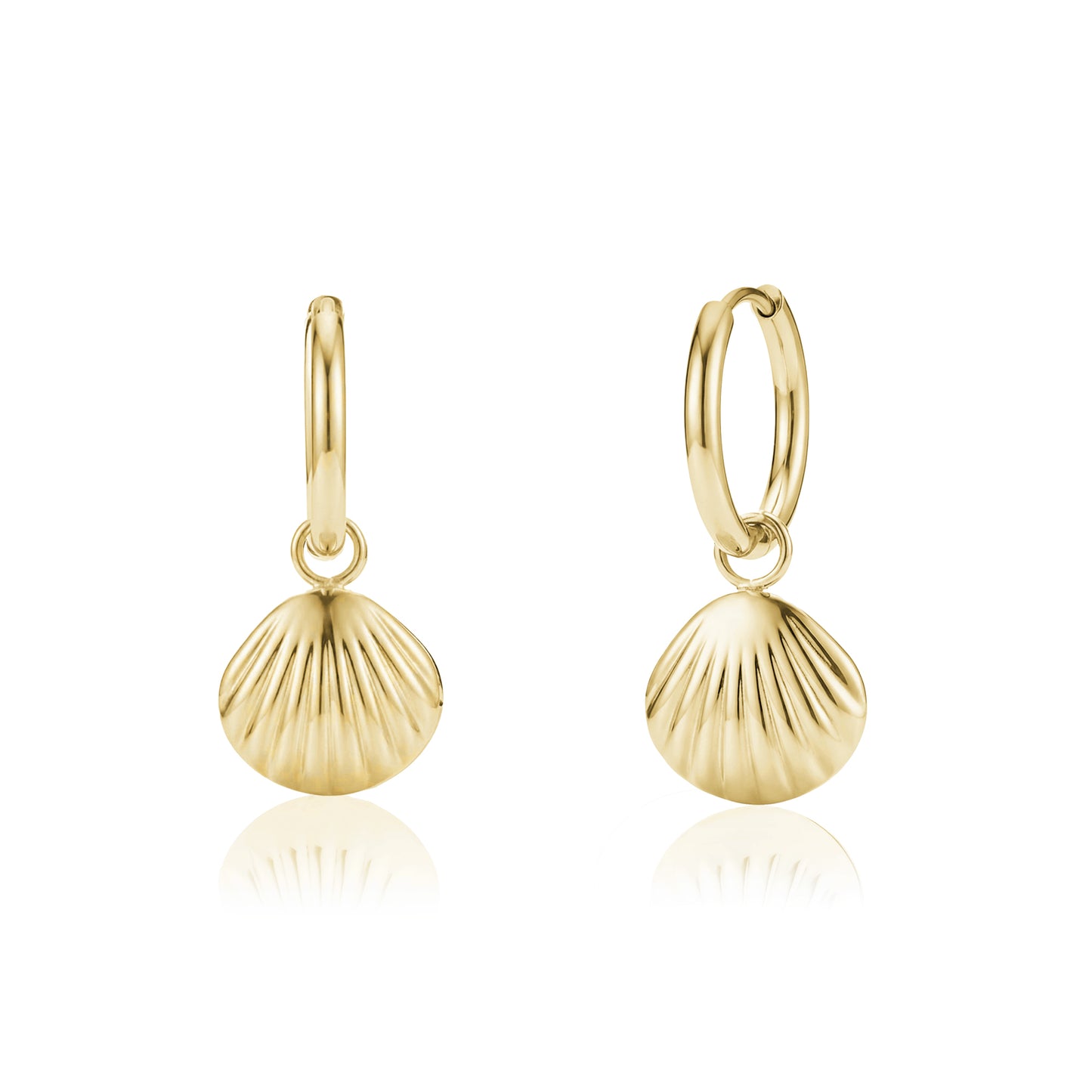 Gold stainless steel hoop earrings with dangling seashell charm