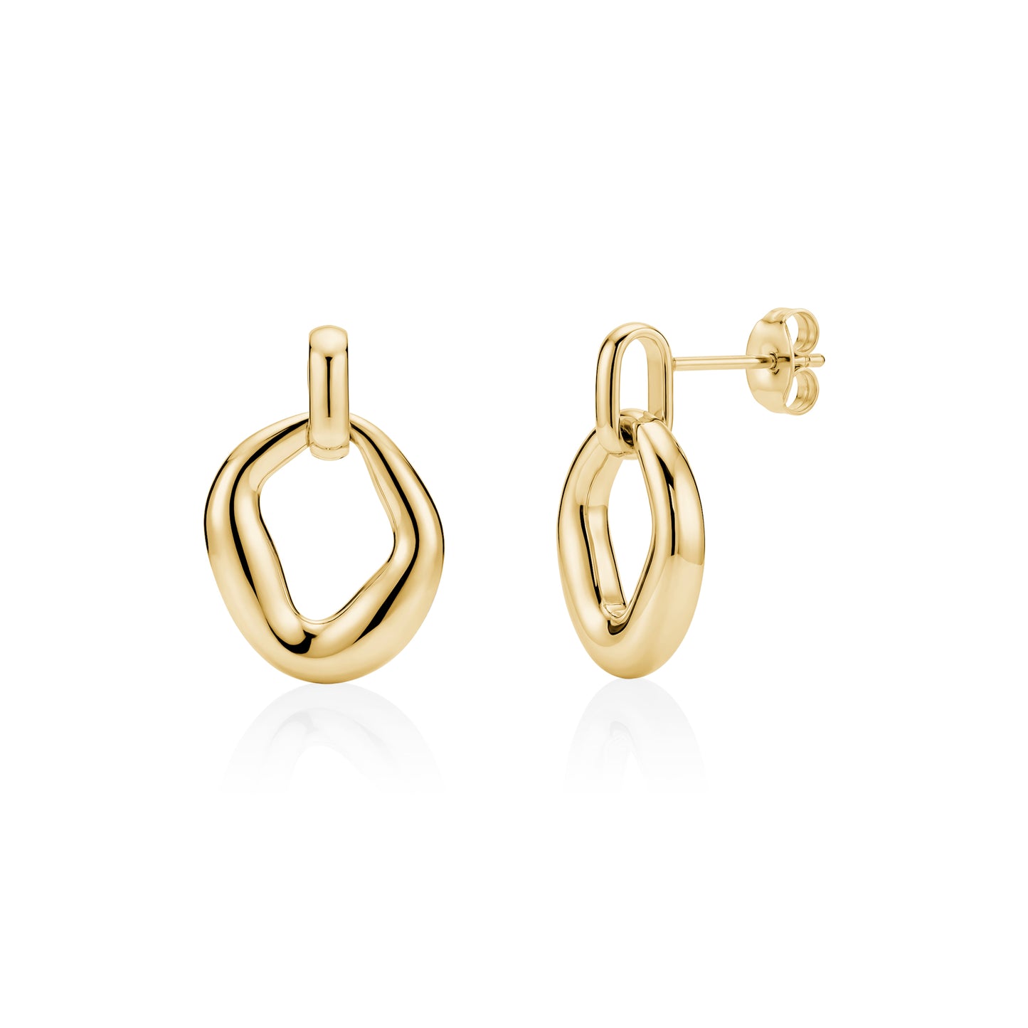 Gold sculpted loop drop earrings with post back, polished stainless steel, 20mm height and 14mm width
