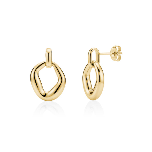 Gold sculpted loop drop earrings with post back, polished stainless steel, 20mm height and 14mm width