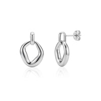 Silver sculpted loop drop earrings with post back, polished stainless steel, 20mm height and 14mm width