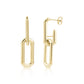 Gold elongated link dangling stud earrings shown front and side view on white background
