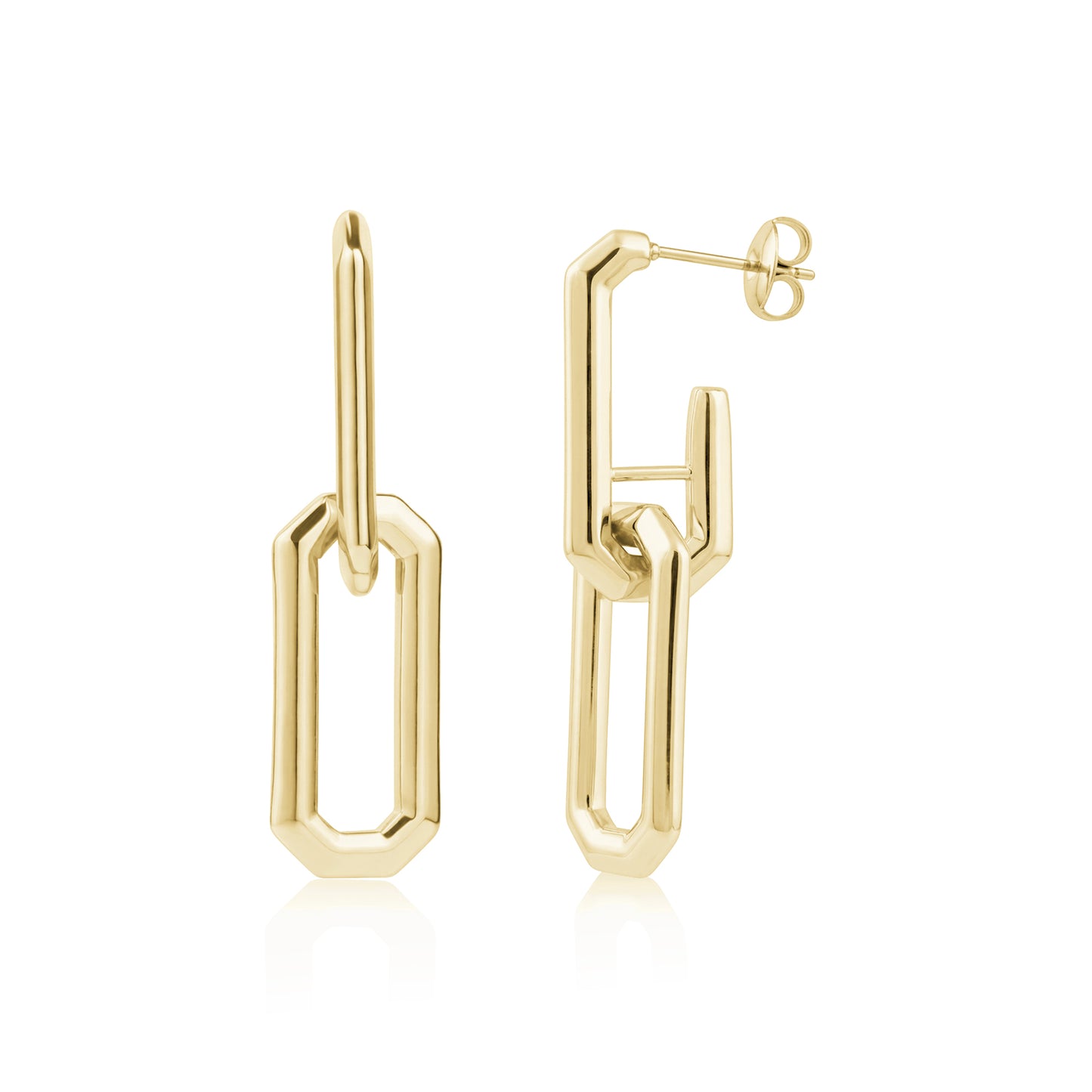 Gold elongated link dangling stud earrings shown front and side view on white background