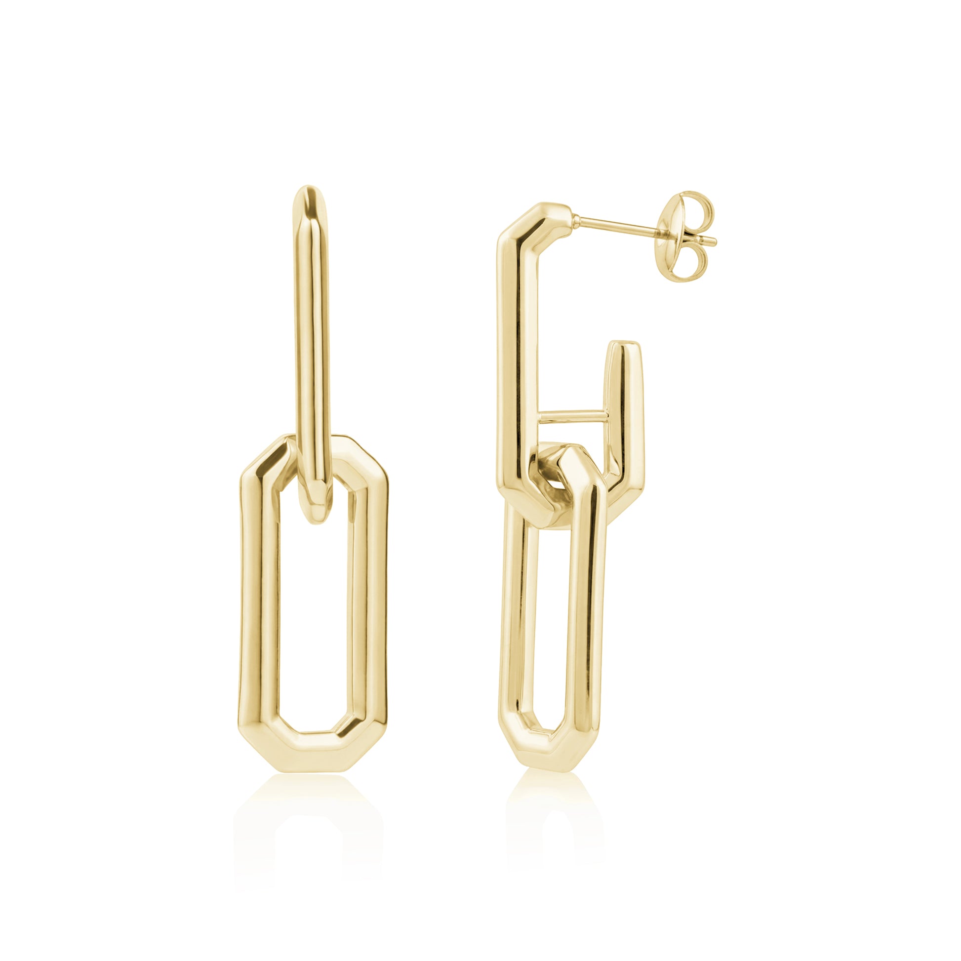Gold elongated link dangling stud earrings shown front and side view on white background