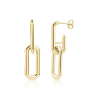 Gold elongated link dangling stud earrings shown front and side view on white background