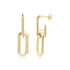 Gold elongated link dangling stud earrings shown front and side view on white background