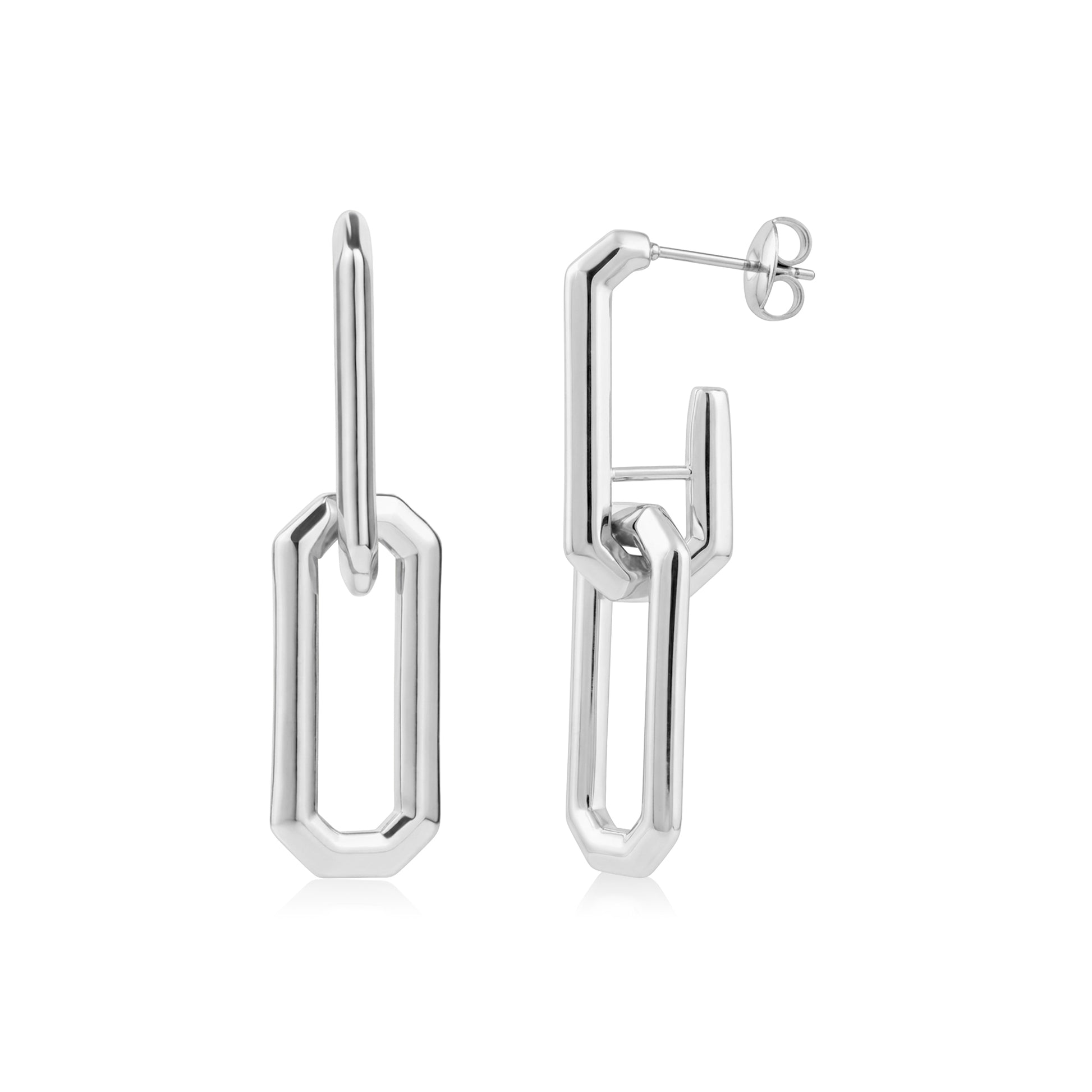 Silver elongated link dangling stud earrings shown front and side view on white background