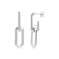 Silver elongated link dangling stud earrings shown front and side view on white background