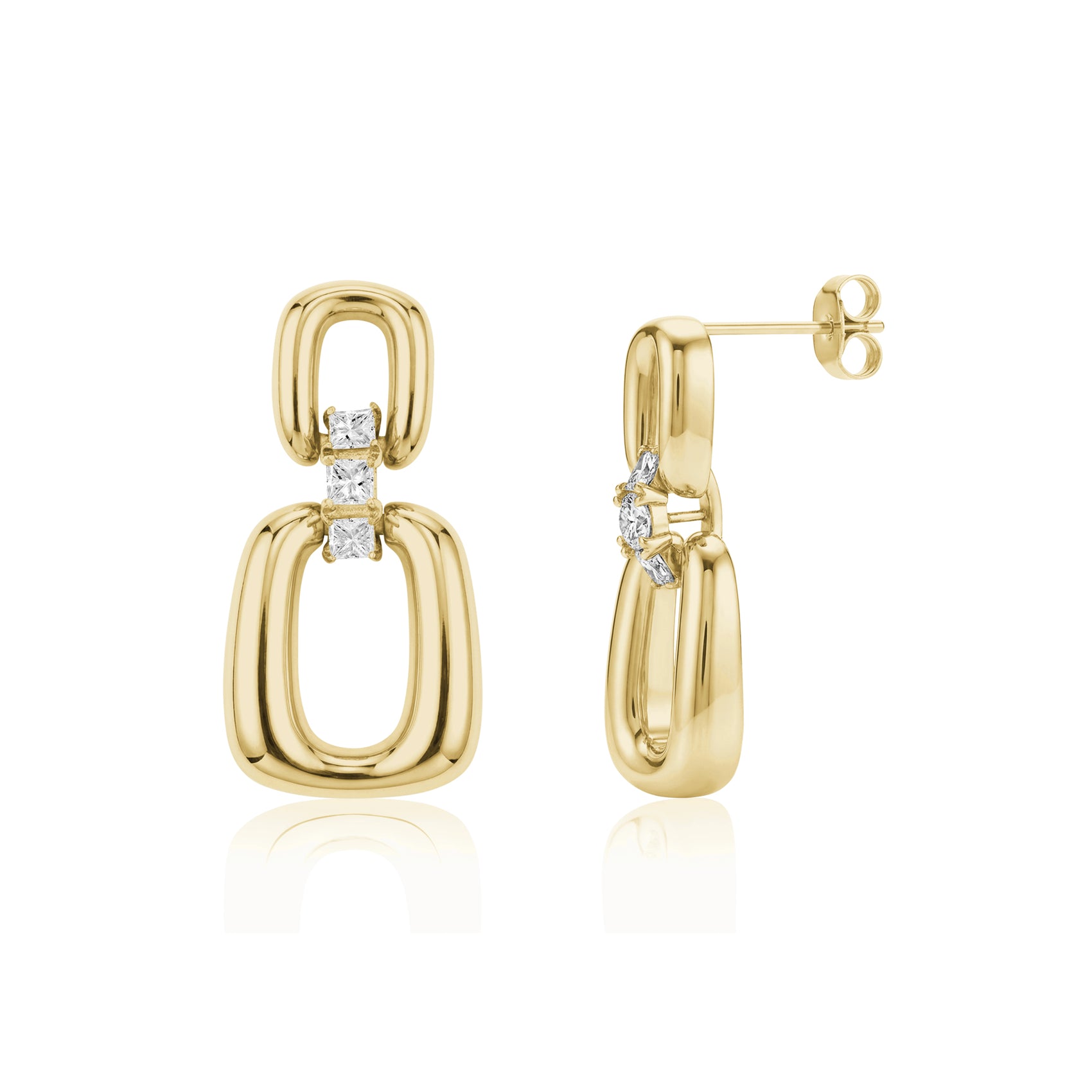 Gold Atelier Link Drop Earrings with three white stones, front and side views