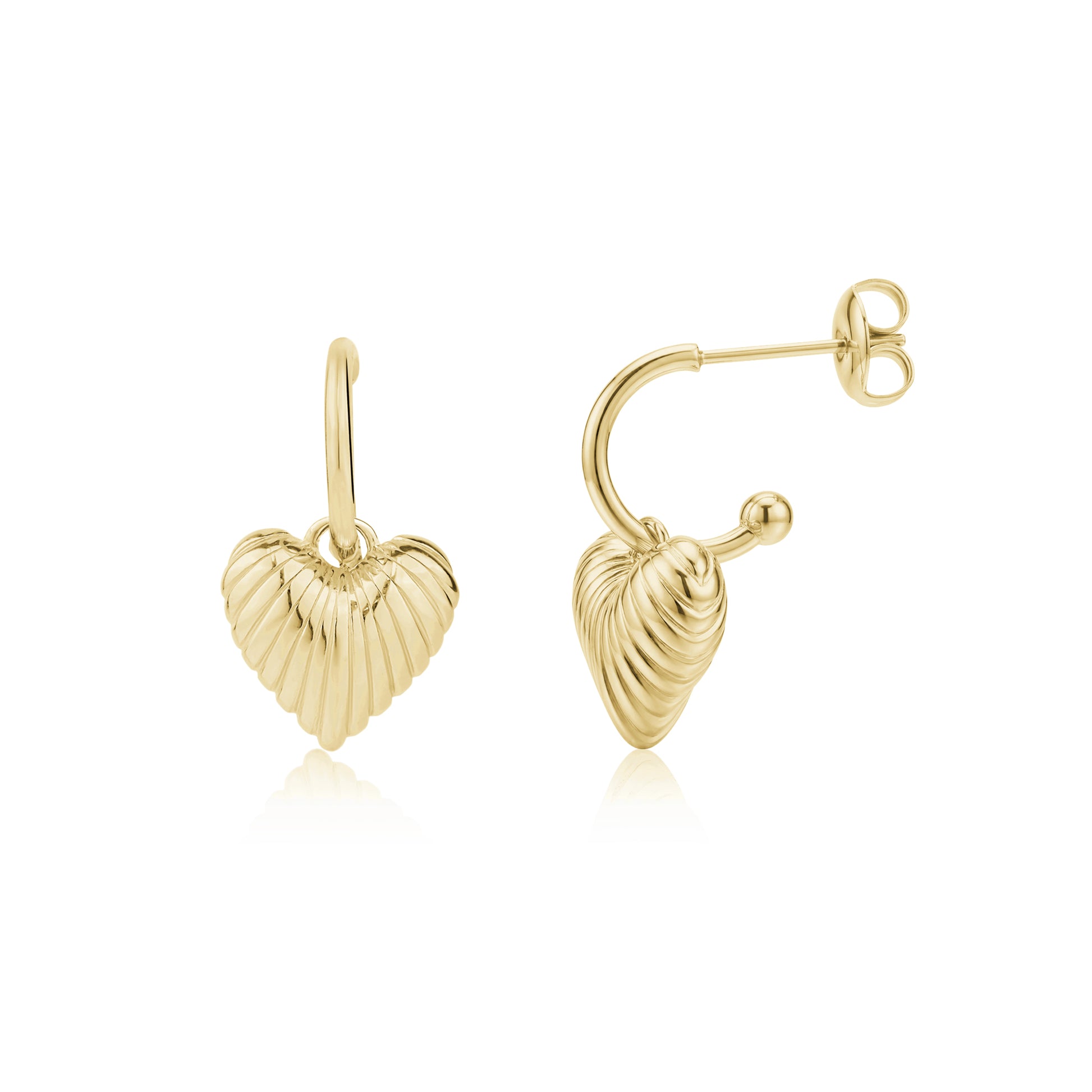 Gold stainless steel heart shell hoop earrings with ribbed texture, showing front and side view