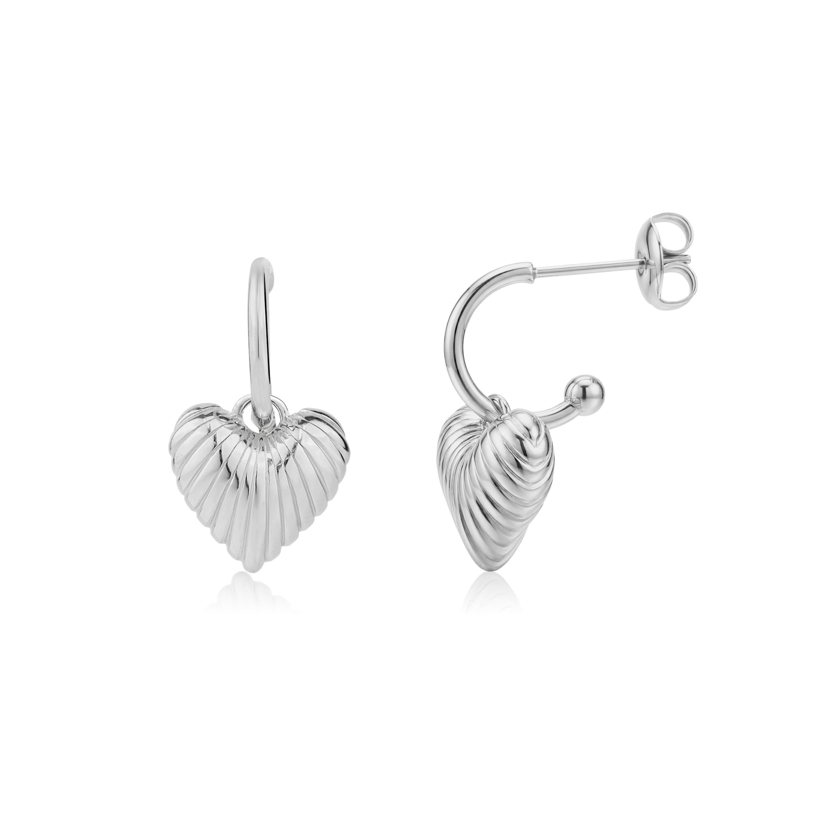 Silver stainless steel heart shell hoop earrings with ribbed texture, showing front and side view