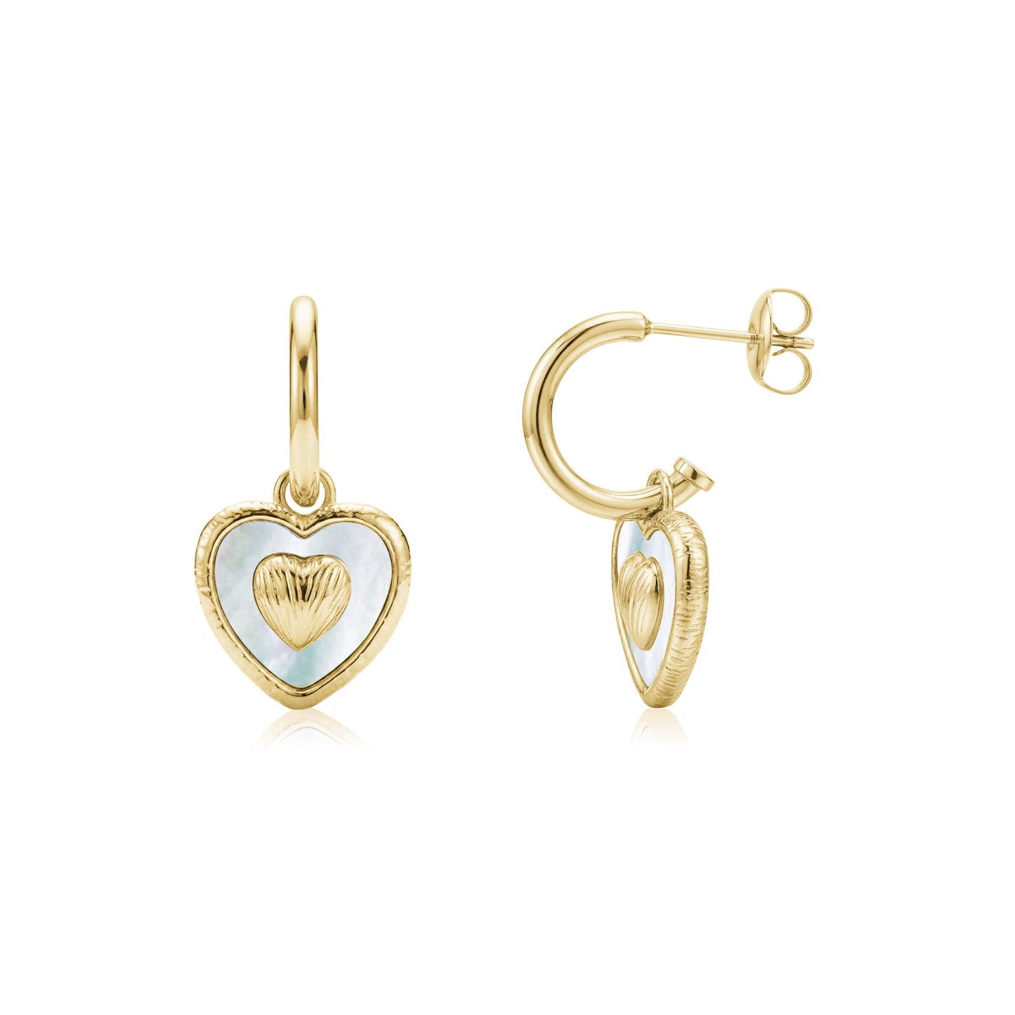Gold textured heart mother of pearl hoop earrings with post back closure, front and side views