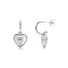 Silver textured heart mother of pearl hoop earrings with post back closure, front and side views