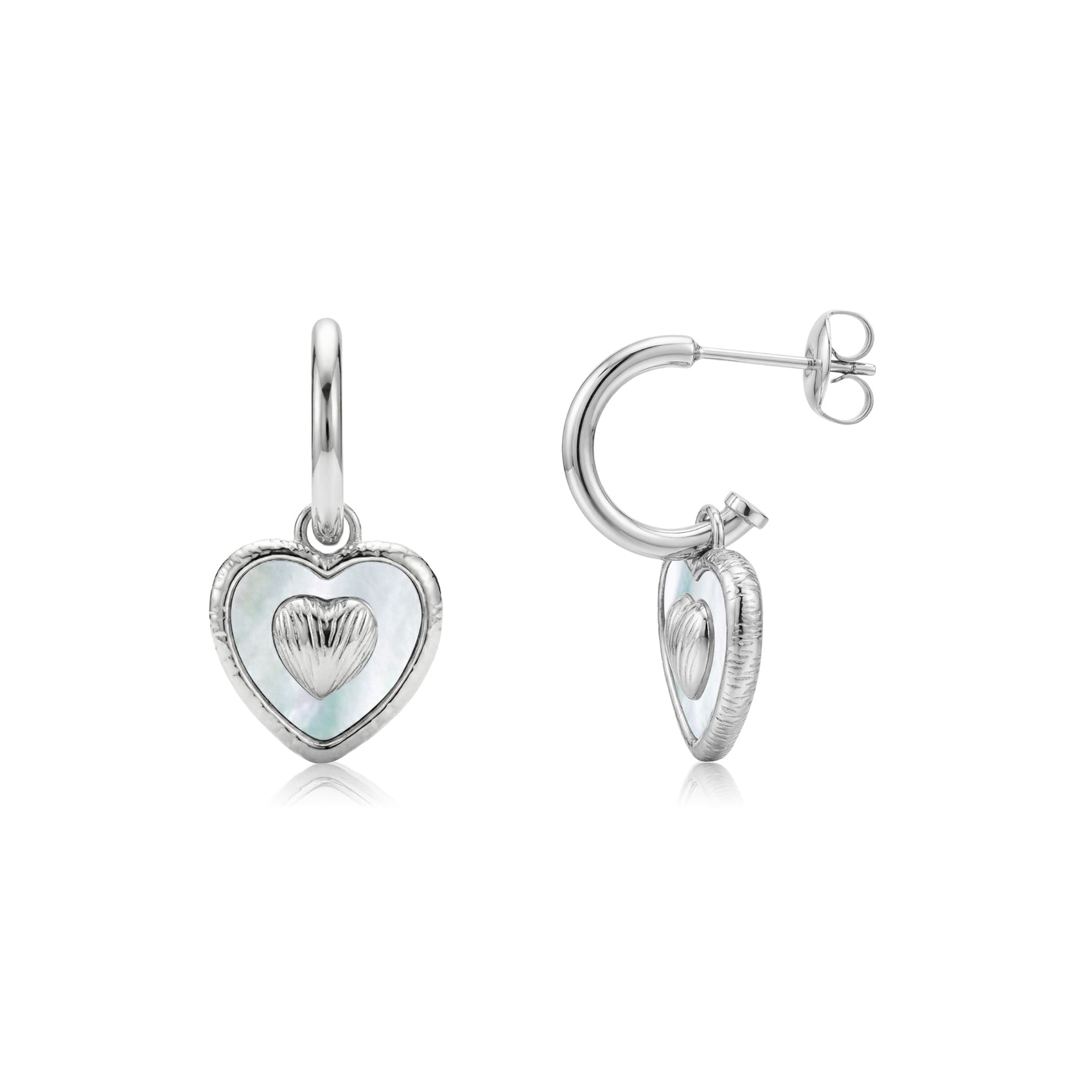 Silver textured heart mother of pearl hoop earrings with post back closure, front and side views