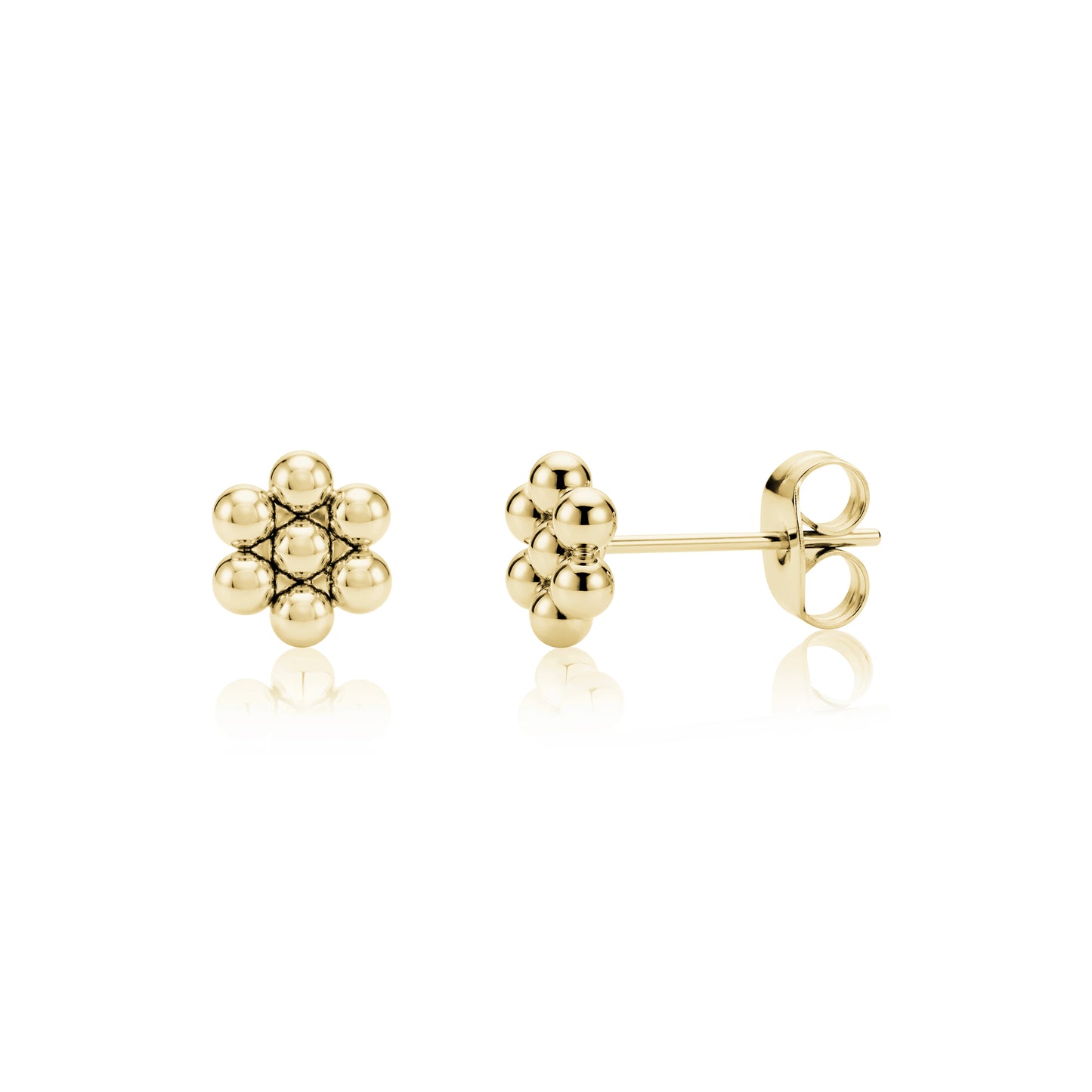 Gold Classic Bloom Bead Stud Earrings showing front and side views