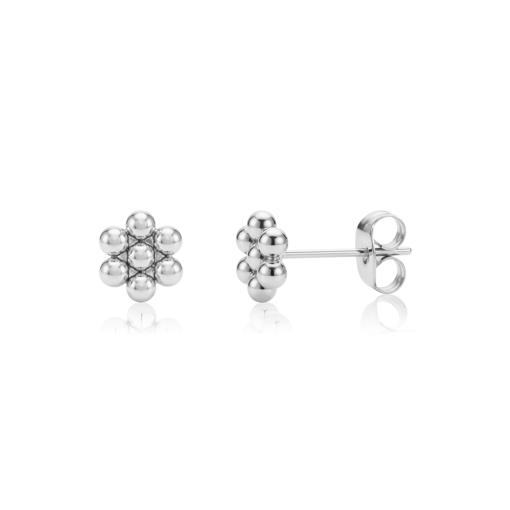 Silver Classic Bloom Bead Stud Earrings showing front and side views